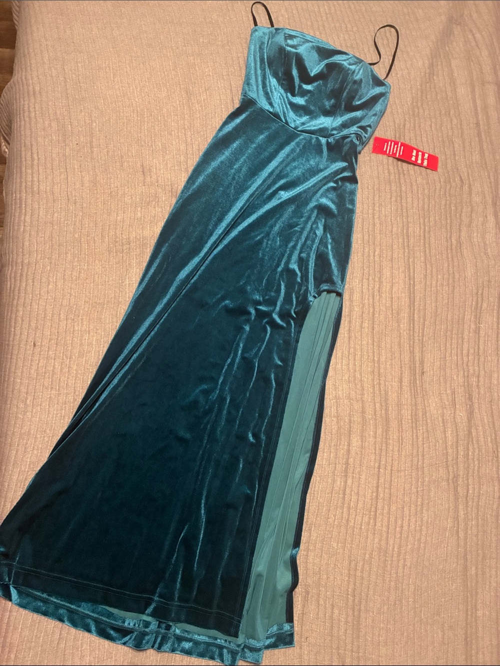 Strapless Velvet Slip Dress in Teal with Side Pleat